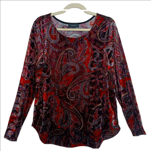 Karen Kane Blouse Women's Size L Red & Black Paisley Top Velvet Scoop Neck Stret